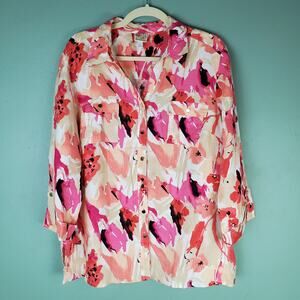JM Collection Muted Pink Floral Linen Button Front Top Size 16